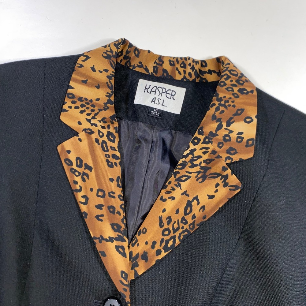 Kasper ASL Womens 16 Black Short Sleeve Blazer Leopard Print Trim Button Front